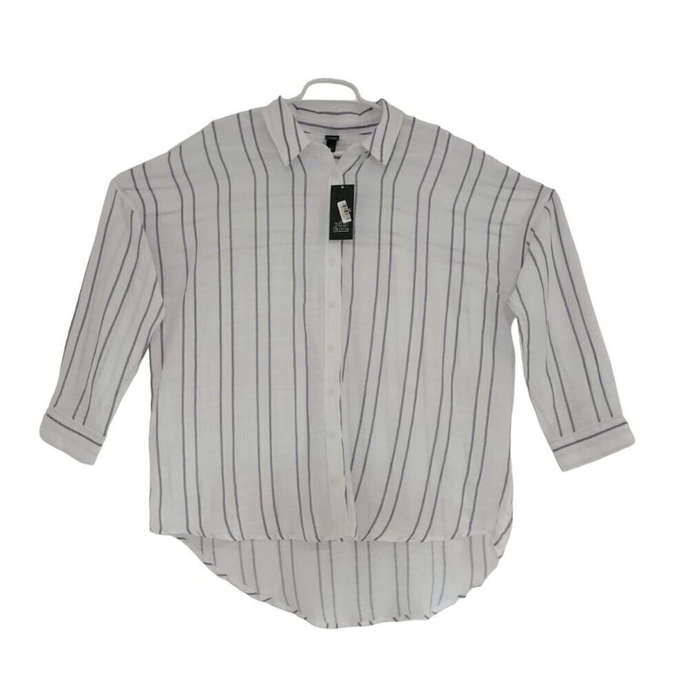 The White Collection Women's Striped Button-Down Shirt Long Sleeves Curved Hem S